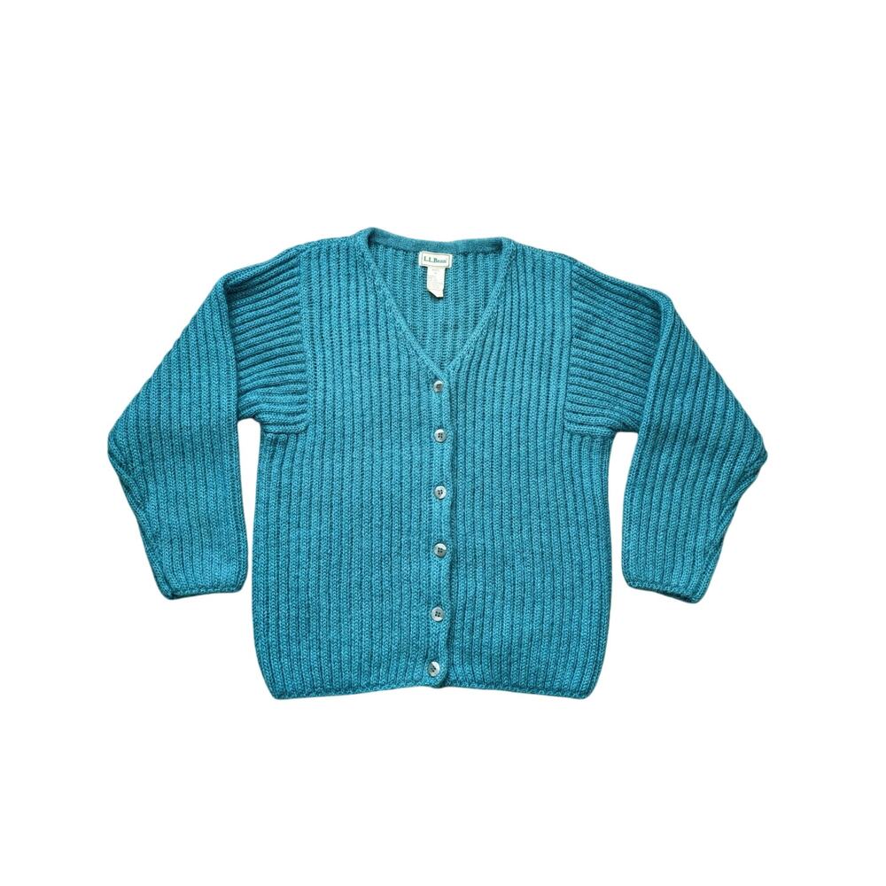Vintage L.L.Bean Mohair Wool Ribbed Knit Cardigan Womens M Teal Blue Cottage